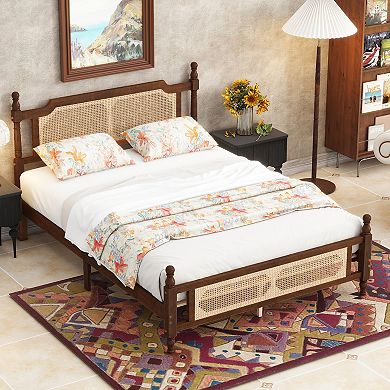 Whisen Queen Size Pine Wood Bed with Rattan Headboard - Central Support Platform & Underbed Storage