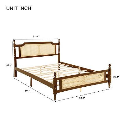 Whisen Queen Size Pine Wood Bed with Rattan Headboard - Central Support Platform & Underbed Storage