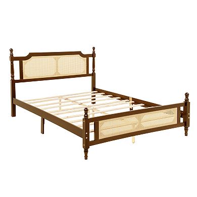 Whisen Queen Size Pine Wood Bed with Rattan Headboard - Central Support Platform & Underbed Storage