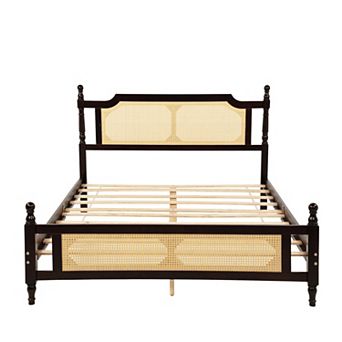 Whisen Queen Size Pine Wood Bed with Rattan Headboard - Central Support Platform & Underbed Storage