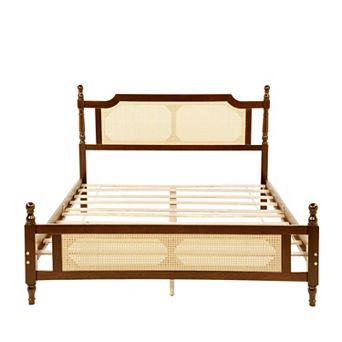 Whisen Queen Size Pine Wood Bed with Rattan Headboard - Central Support Platform & Underbed Storage