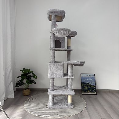 Whisen 68" Multi-Level Cat Tree Tower with Hammocks, Hanging Basket, Cat Cave and Removeable Cushion