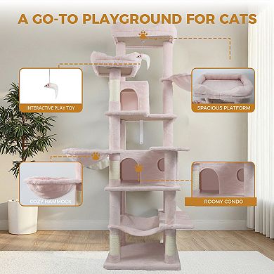 Whisen 68" Multi-Level Cat Tree Tower with Hammocks, Hanging Basket, Cat Cave and Removeable Cushion