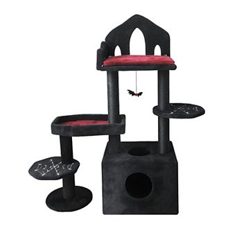 Whisen Black Gothic Cat Tree with Scratching Posts, Perches, Hammock, Interactive Toy and Cat Cave