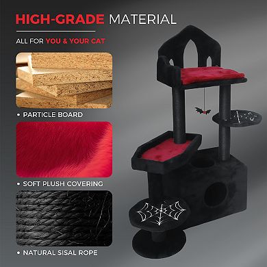 Whisen Black Gothic Cat Tree with Scratching Posts, Perches, Hammock, Interactive Toy and Cat Cave