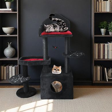 Whisen Black Gothic Cat Tree with Scratching Posts, Perches, Hammock, Interactive Toy and Cat Cave