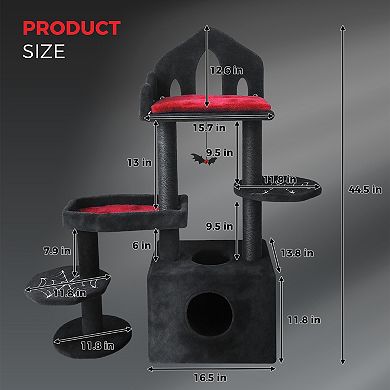 Whisen Black Gothic Cat Tree with Scratching Posts, Perches, Hammock, Interactive Toy and Cat Cave