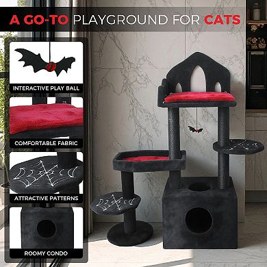 Whisen Black Gothic Cat Tree with Scratching Posts, Perches, Hammock, Interactive Toy and Cat Cave