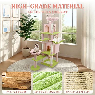 Whisen 71" Floral Design Cat Tree Tower with Large Condo Removable Flower Cushion and Hammock