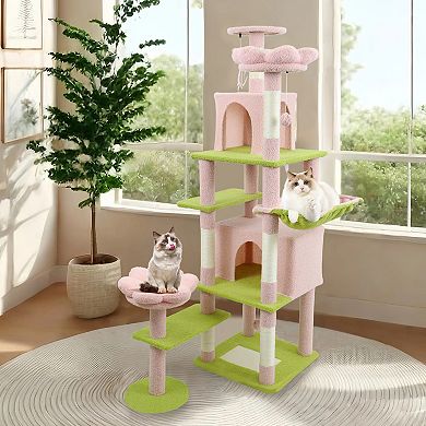 Whisen 71" Floral Design Cat Tree Tower with Large Condo Removable Flower Cushion and Hammock