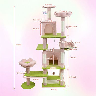 Whisen 71" Floral Design Cat Tree Tower with Large Condo Removable Flower Cushion and Hammock