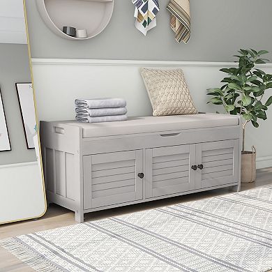 Whisen Storage Bench with 3-Shutter-shaped Doors and Removable Cushion