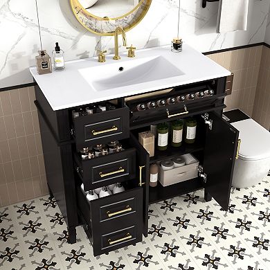 Whisen Bathroom Vanity with Sink, 4 Drawers, 2 Doors & Adjustable Shelf and Ceramic Basin