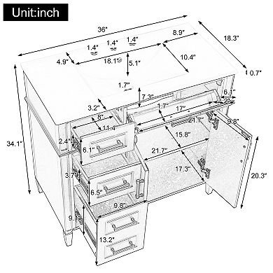 Whisen Bathroom Vanity with Sink, 4 Drawers, 2 Doors & Adjustable Shelf and Ceramic Basin