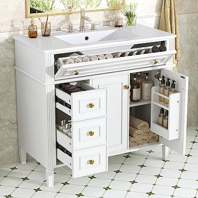 Whisen Bathroom Vanity with Sink, 3 Drawers, 2 Soft-Close Doors and Gold Handles