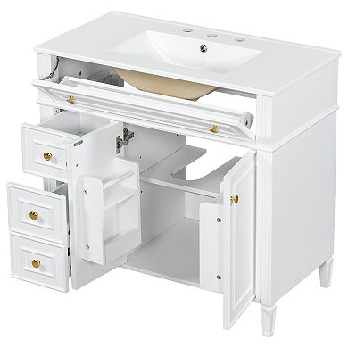 Whisen Bathroom Vanity with Sink, 3 Drawers, 2 Soft-Close Doors and Gold Handles