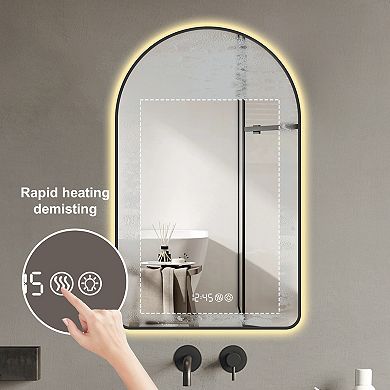 Whisen Arched LED Mirror, Anti-Fog, Time and Temperature Display with Three Color Temperatures