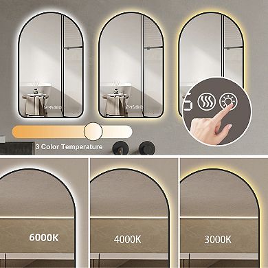 Whisen Arched LED Mirror, Anti-Fog, Time and Temperature Display with Three Color Temperatures