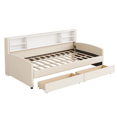 Whisen Twin Size Upholstered Platform Bed with Storage Shelves and 2 Smooth-rolling Drawers
