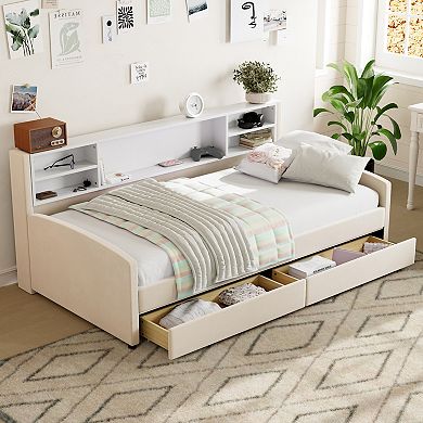 Whisen Twin Size Upholstered Platform Bed with Storage Shelves and 2 Smooth-rolling Drawers