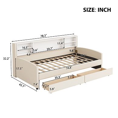 Whisen Twin Size Upholstered Platform Bed with Storage Shelves and 2 Smooth-rolling Drawers