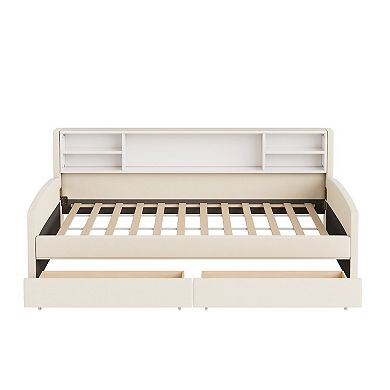 Whisen Twin Size Upholstered Platform Bed with Storage Shelves and 2 Smooth-rolling Drawers