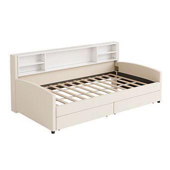 Whisen Twin Size Upholstered Platform Bed with Storage Shelves and 2 Smooth-rolling Drawers