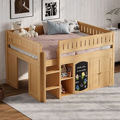 Whisen Full Size Loft Bed with Storage Cabinet and Chalkboard Panel, Space-Saving & Stylish