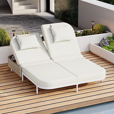 Whisen Outdoor Rattan Daybed with Beige Cushion, 5-Position Adjustable Backrest & Removable Pillows