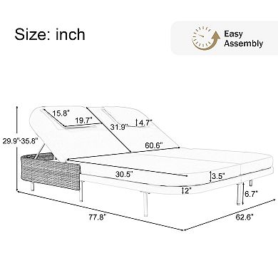 Whisen Outdoor Rattan Daybed with Beige Cushion, 5-Position Adjustable Backrest & Removable Pillows