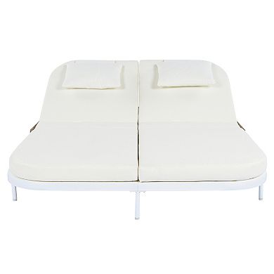 Whisen Outdoor Rattan Daybed with Beige Cushion, 5-Position Adjustable Backrest & Removable Pillows
