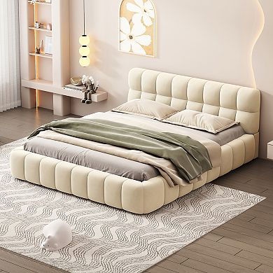 Whisen Queen Size Upholstered Platform Bed with Thick Fabric, Grounded Bed with Solid Frame