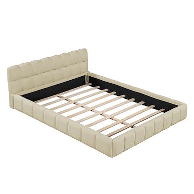 Whisen Queen Size Upholstered Platform Bed with Thick Fabric, Grounded Bed with Solid Frame