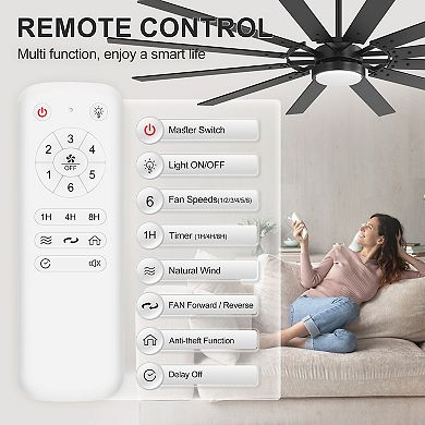 72-Inch LED Ceiling Fan with 12 Blades, Tri-Color Light, DC Motor, Reverse, Remote, Timer, Downrods