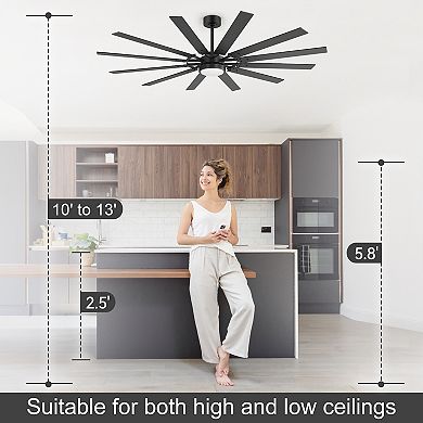 72-Inch LED Ceiling Fan with 12 Blades, Tri-Color Light, DC Motor, Reverse, Remote, Timer, Downrods