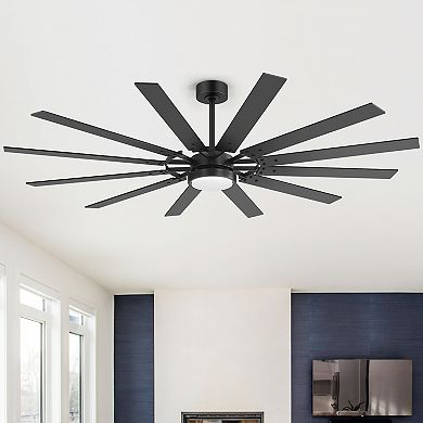 72-Inch LED Ceiling Fan with 12 Blades, Tri-Color Light, DC Motor, Reverse, Remote, Timer, Downrods