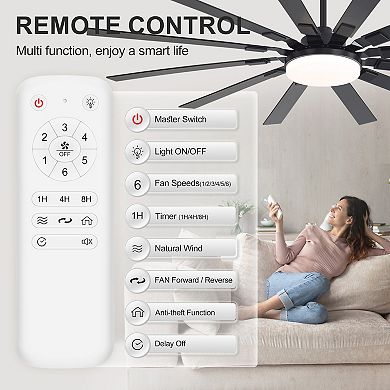 72-Inch Sleek Ceiling Fan with 12 Blades, LED Lighting, DC Motor, Reverse Function, Remote and Timer