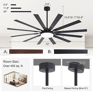 72-Inch Sleek Ceiling Fan with 12 Blades, LED Lighting, DC Motor, Reverse Function, Remote and Timer