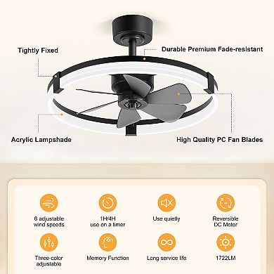 23-Inch LED Caged Ceiling Fan with Remote - DC Motor, 6 Speeds, 3 CCT Light, Reversible, Timer