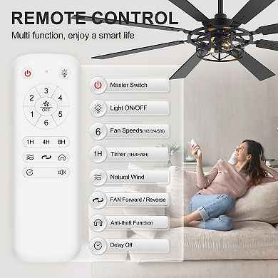 65-Inch Traditional Ceiling Fan with 8 Blades, Dual Bulb Light, DC Motor, Reverse, Remote, Timer