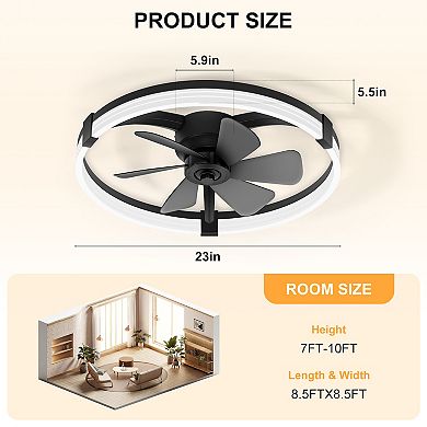 23-Inch LED Enclosed Ceiling Fan with Remote - DC Motor, 6 Speeds, 3 CCT, Reversible, Flush Mount