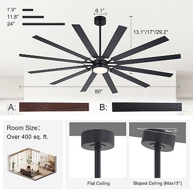 80-Inch LED Ceiling Fan with 12 Blades, Tri-Color Light, DC Motor, Reverse, Remote, Timer, Downrods