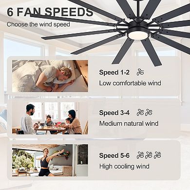 80-Inch LED Ceiling Fan with 12 Blades, Tri-Color Light, DC Motor, Reverse, Remote, Timer, Downrods