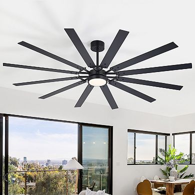 80-Inch LED Ceiling Fan with 12 Blades, Tri-Color Light, DC Motor, Reverse, Remote, Timer, Downrods