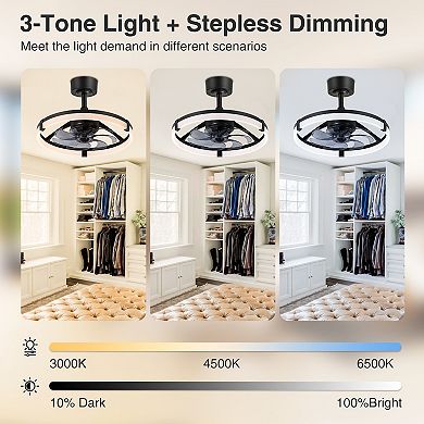 20-Inch LED Caged Ceiling Fan with Remote - DC Motor, 6 Speeds, 3 CCT Light, Reversible & Timer