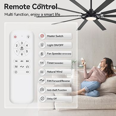 80-Inch LED Ceiling Fan with 10 Blades, DC Motor, Reverse Function, Remote Control, Timer, Downrods