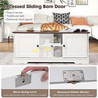 48'' Front-and-Back Symmetrical Farmhouse Coffee Table w/Storage & 4 Sliding Barn Doors