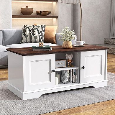 48'' Front-and-Back Symmetrical Farmhouse Coffee Table w/Storage & 4 Sliding Barn Doors
