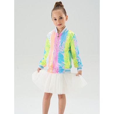 Girls' Neon Stripe Sequin Bomber Jacket