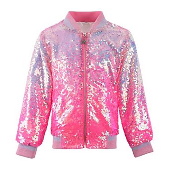 Girls’ Pink Ombre Sequin Bomber Jacket with Ribbed Trim
